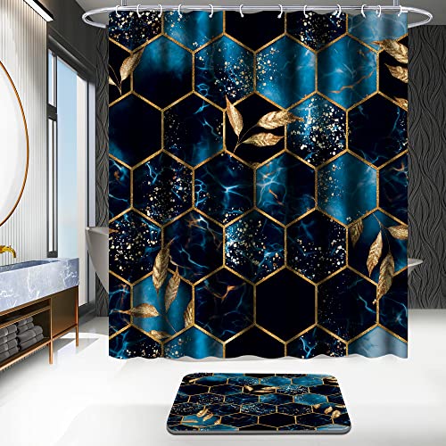 Poedist 4 Pcs Bathroom Shower Curtain Set,Bathroom Sets with Rugs(Bath Mat,U Shape and Toilet Lid Cover Mat) and 12 Hooks,Sky Blue Honeycomb Marble - color: Blue