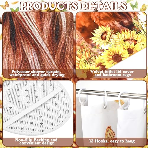 FuWeave 8 Pcs Highland Cow Shower Curtain Sets for Bathroom Sunflower Farm Cattle Shower Curtain Sets Watercolor Floral Bathroom Accessories with Towels Carpet Bath Mat Toilet Rugs and 12 Hooks - color: Highland Cow