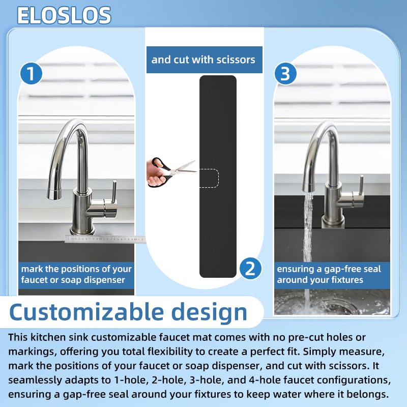 2Pcs 30" L x 5.5" W Customizable Sink Faucet Mat for Kitchen Sink 2 Holes & 3 Holes, DIY Cut for Oval/Rectangle/Square Faucets, Extra Long Quick-Drying Absorbent Splash Guard Counter Protector, Black - style: 2 Pcs Black