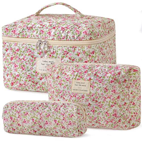 HBselect Quilted Makeup Bag, 3PCS Cotton Large Travel Makeup Bag, Cute Floral Coquette Make up Bag Cosmetic Bag Toiletry Bag for Women Girls - color: A-3PCS-Floral 19