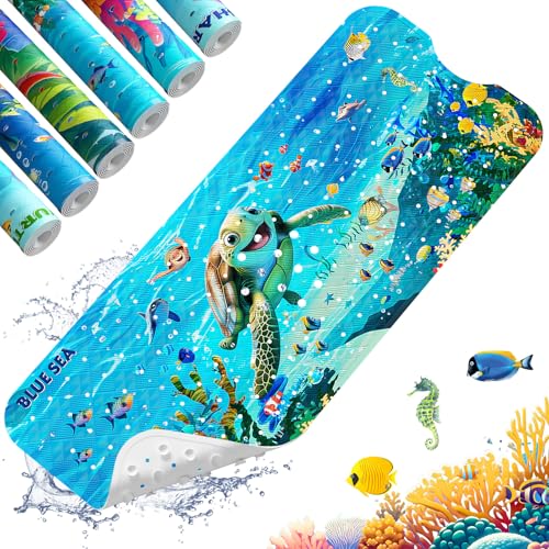 XIYUNTE Baby Bath Mat for Tub Non Slip Kids Bath Mat - 40''x16'' Extra Long Cartoon Bathtub Mat Non Slip Kids Shower Mat Eco-Friendly Toddler Bath Mats with Suction Cups, Machine Washable - color: C-blue Sea