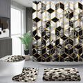 Poedist 4 Pcs Bathroom Shower Curtain Set, Honeycomb Marble Bathroom Sets with Rugs(Bath Mat,U Shape and Toilet Lid Cover Mat) and 12 Durable Hooks - color: Black White