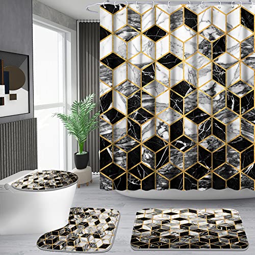 Poedist 4 Pcs Bathroom Shower Curtain Set, Honeycomb Marble Bathroom Sets with Rugs(Bath Mat,U Shape and Toilet Lid Cover Mat) and 12 Durable Hooks - color: Black White