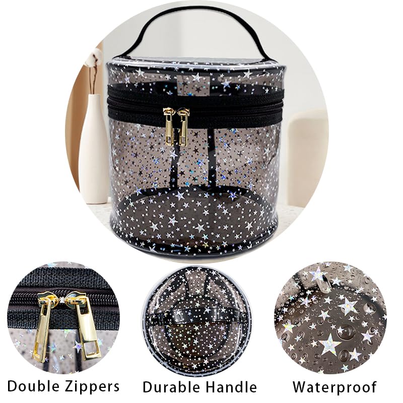 Waterproof Pink Star PVC Makeup Bag - 7.1x6.3in Barrel Cosmetic Organizer with Zipper, Portable Toiletry Pouch for Women & Men (Pink) - color: Pink