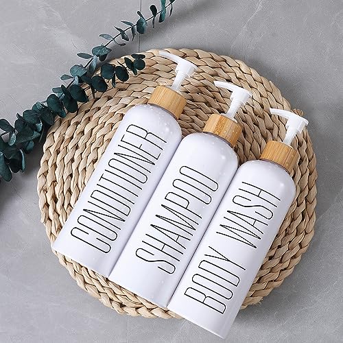 HOMCDALY Shampoo and Conditioner Dispenser, 16oz 3-Pack Refillable Shampoo and Conditioner Bottles, Empty Shampoo Bottles Refillable with Bamboo Pump, Bathroom Shower Shampoo Dispenser Set - color: White&bamboo Pump