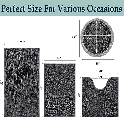 Bathroom Rugs Sets 4 Piece, Extra Soft Absorbent Chenille Bath Rugs, Non Slip Rubber Backing Machine Washable Quick Dry Bath Mats for Bathroom Floor, Tub, Shower, Home Decor Accessories, Deep Grey - color: Dark Gray
