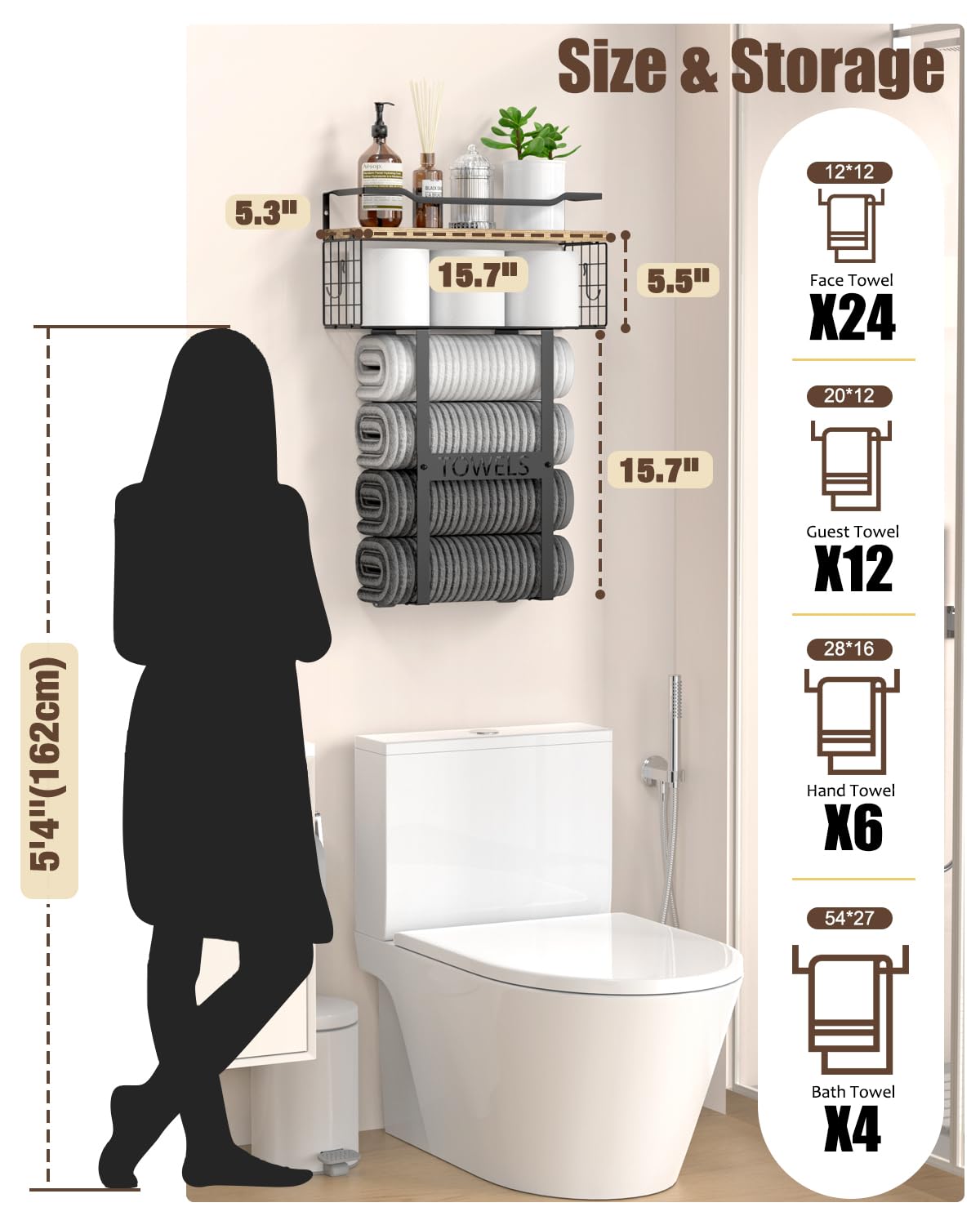 Towel Racks for Bathroom Wall Mounted - Bath Wall Towel Holder Set Above Toilet Storage, Rolled Towel Shelf Organizer for Small Bathroom, Wood Vertical Towel Rack for Bathroom Wall Decor - color: Wood