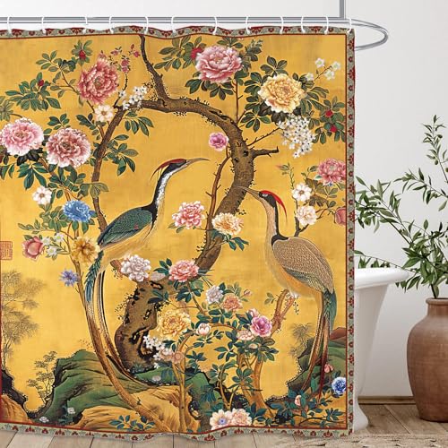 Vintage Flower Shower Curtain 60Wx72L Inch Crane Peony Vintage Retro Chinese Plant Botanical Yellow Bathroom Set Accessories Decor with 12 Pack Hooks - color: Yellow Vintage, size: 60"W x 72"L (Pack of 1)