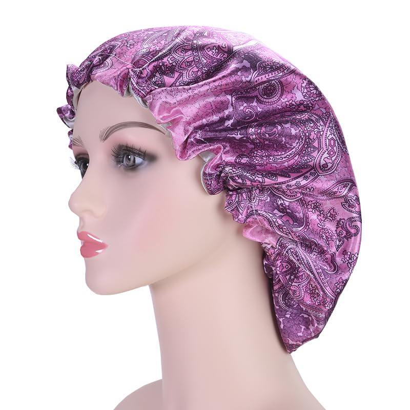 Fishent Shower Cap, Large Shower Caps for Women Reusable Double Layer Waterproof, Adjustable Extra Large Shower Cap for Long Hair and Braids（Purple Print) - color: Purple print, size: X-Large