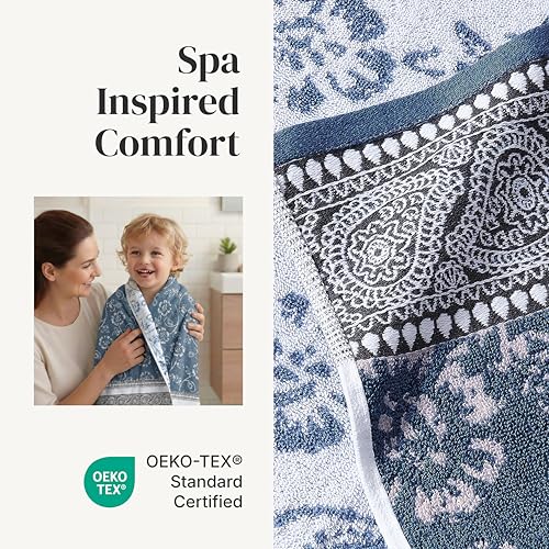 Modern Threads 6 Piece Bath Towel Set – Bathroom Set with 2 Bath Towels, 2 Hand Towels, and 2 Wash Cloths – 100% Cotton, Super Absorbent & Extra Soft – Reversible Floral Trail (Navy) - color: Navy
