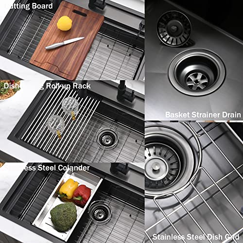 33 Inch Black Drop In Kitchen Sink - VOKIM33 x22 Inch Drop In/To pmount sink Workstation Splash Guard Stainless Steel 16 Gauge 10'' Deep Single Bowl Sink with Cutting Board & Strainer - color: Black（Splash Guard）, size: 33"L x 22"W x 10"D