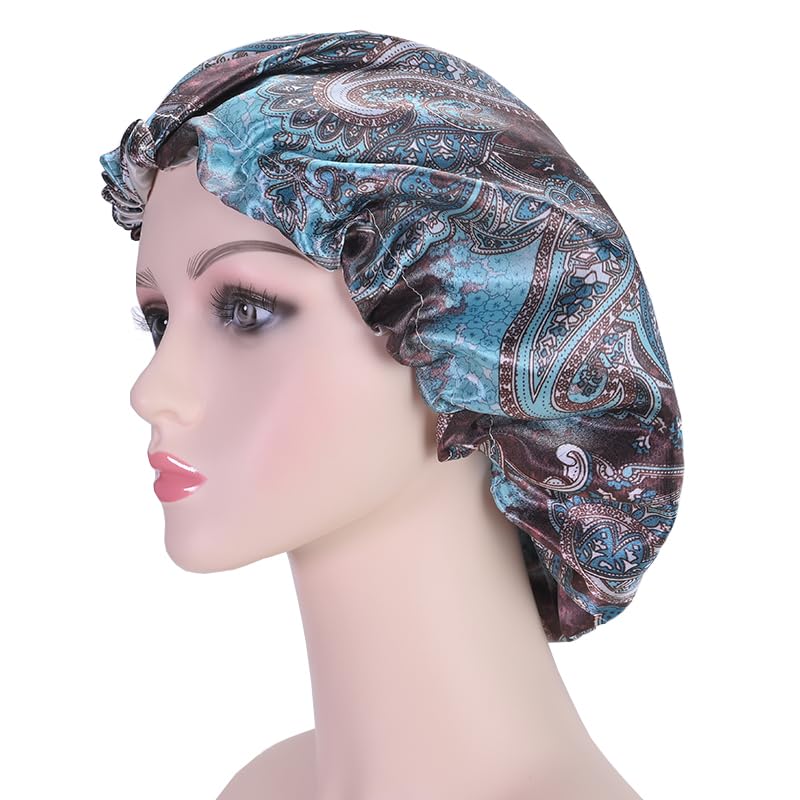 Fishent Shower Cap, Large Shower Caps for Women Reusable Double Layer Waterproof, Adjustable Extra Large Shower Cap for Long Hair and Braids（Cyan Print) - color: Cyan print, size: X-Large