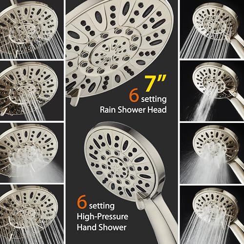 AquaDance 7" Premium High Pressure 3-Way Rainfall Combo with Stainless Steel Hose – Enjoy Luxurious 6-setting Rain Shower Head and Hand Held Shower Separately or Together – Brushed Nickel Finish - color: Brushed Nickel, style: 2.5 Gallons Per Minute