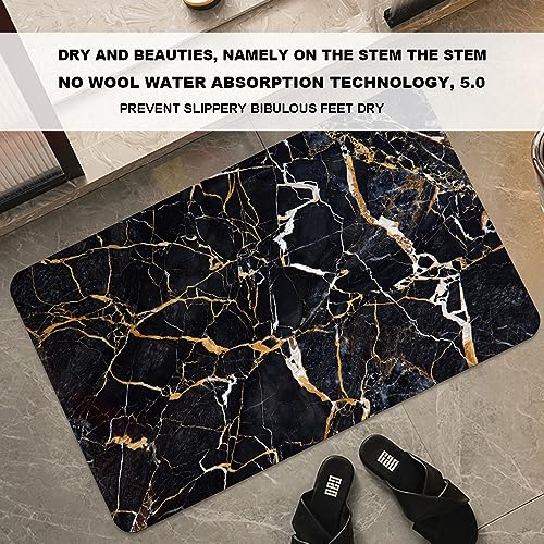 Bath Mat Rug,Black marble with yellow and white Non Slip Quick Dry Super Absorbent Thin Bathroom Rugs Fit Under Door-Easy to clean Bathroom Floor Mats-Shower Rug for Shower Sink Bathtub(16" x 24"In) - color: Black Marble With Yellow and White, size: 1'4"