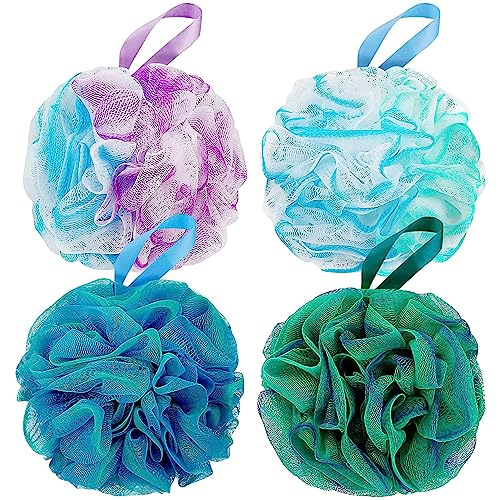 DadyMart Shower Loofah Sponge Pouf – XL Exfoliating Bath Puff Body Scrubber, Soft Mesh Shower Sponge with Reinforced Knot, Rich Lather, Set of 4 for Women and Men - style: Flower