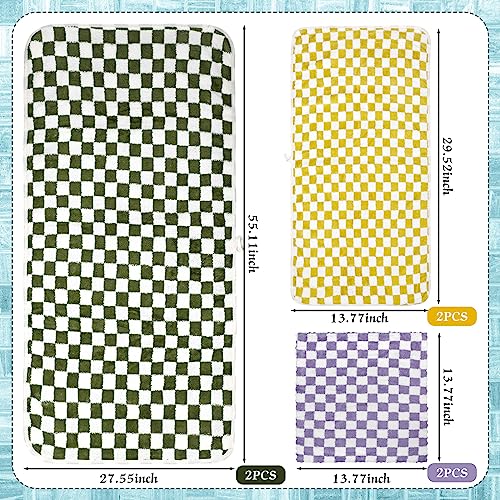 Kinlop 6 Pcs Checkered Bath Towels Set Back to School Lightweight Coral Washcloth Quick Dry Patterned Thin Coral Fleece Hand Towel for Bathroom Gym Spa Beach Accessory(Green, Yellow, Purple,Checkered) - color: Green, Yellow, Purple, style: Checkered