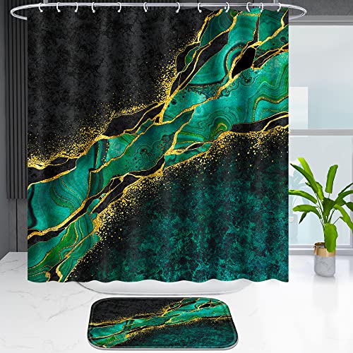 Poedist 4 Pcs Gold Edge Marble Bathroom Shower Curtain Set, Bathroom Sets with Shower Curtain and Rugs(Bath Mat,U Shape and Toilet Lid Cover Mat) and 12 Hooks-Green - color: Green Yellow