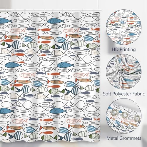 Fabric Shower Curtain with Hooks, Waterproof & Washable & Polyester, Fun Colorful Ocean Swiming Fish Shower Curtains for Bathroom, Funny Nautical Coastal Sea Bathroom Curtain, House Gift, 71x74 Inch - color: Multicolor Fish
