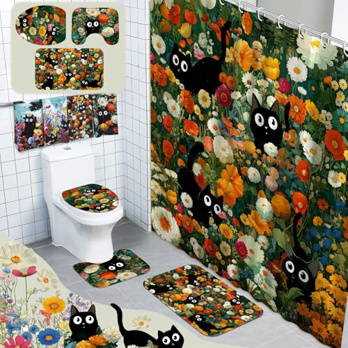 Tatuo 8 Pcs Black Cat Themed Shower Curtain Sets for Bathroom Cute Floral Aesthetic Bathroom Accessories Retro Cat Lover Gifts Shower Curtain Sets with Towels Carpet Bath Mat Toilet Rugs and 12 Hooks - style: Black Cat