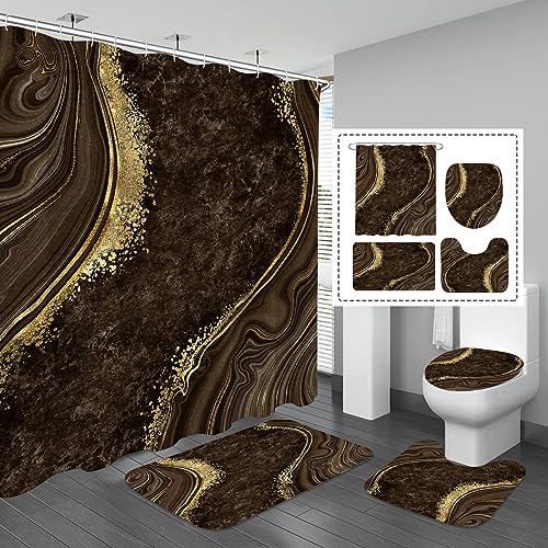 Gibelle 4 Pcs Luxury Marble Shower Curtain Set with Non-Slip Rugs, Toilet Lid Cover and Bath Mat, Gold Foil Brown Bathroom Decor Set with Shower Curtain and Rugs and Accessories - color: Brown