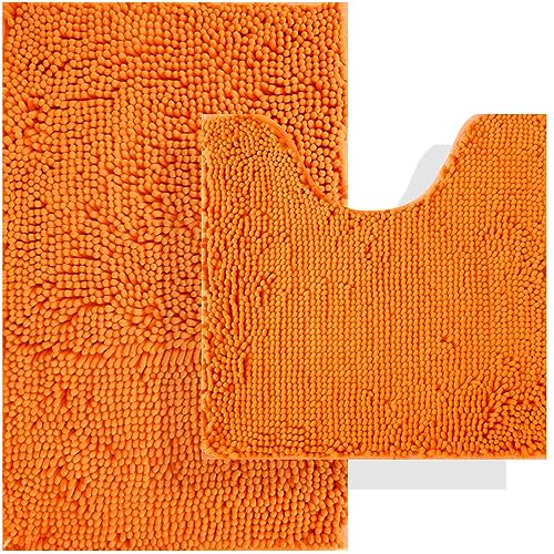 BOANKODU Bath Mat Sets 2 Piece, Soft Chenille Absorbent Non-Slip Mat, 32x20 U Shape + 20x20 Inch; Machine Washable (Orange) - color: Orange, size: 20" x 32" + 20" x 20" (U-Shape)