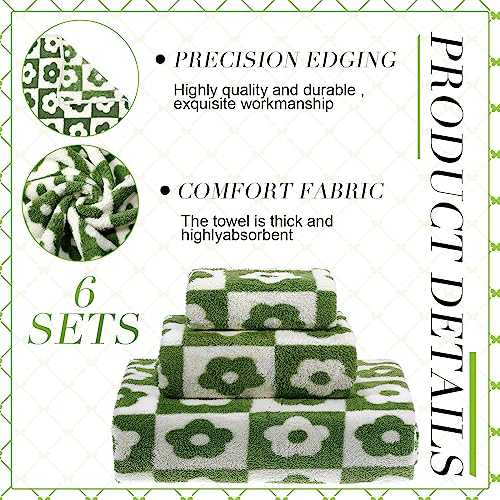 Kinlop 6 Pcs Checkered Bath Towels Set Back to School Lightweight Coral Washcloth Quick Dry Patterned Thin Coral Fleece Hand Towel for Bathroom Gym Spa Beach Accessory(Green,Fresh Flower) - color: Green, style: Fresh Flower