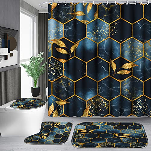 Poedist 4 Pcs Bathroom Shower Curtain Set,Bathroom Sets with Rugs(Bath Mat,U Shape and Toilet Lid Cover Mat) and 12 Hooks,Black and Blue Honeycomb Marble - color: Black Blue