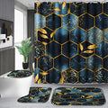 Poedist 4 Pcs Bathroom Shower Curtain Set,Bathroom Sets with Rugs(Bath Mat,U Shape and Toilet Lid Cover Mat) and 12 Hooks,Black and Blue Honeycomb Marble - color: Black Blue