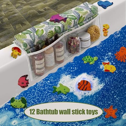 Supa Ant Bath Kneeler –8 Suction Cups & 2" Padding.Certified Non Toxic Bath Kneeling Pad for Bath Tub & 5 Bath Toy Organizer. Fast Dry Baby Bath Kneeler and Elbow Rest Pad Set Leaf - color: Green Leaf With White Pockets
