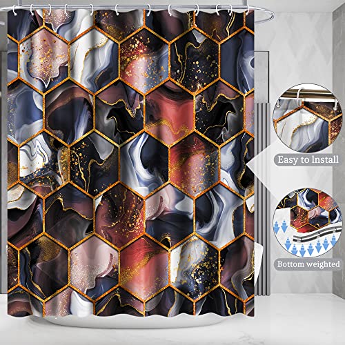 Poedist 4 Pcs Bathroom Shower Curtain Set,Purple Honeycomb Marble Bathroom Sets with Rugs(Bath Mat,U Shape and Toilet Lid Cover Mat) and 12 Durable Hooks - color: Brown