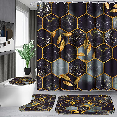 Poedist 4 Pcs Bathroom Shower Curtain Set,Bathroom Sets with Rugs(Bath Mat,U Shape and Toilet Lid Cover Mat) and 12 Hooks,Honeycomb Marble Grey Black - color: Black Grey