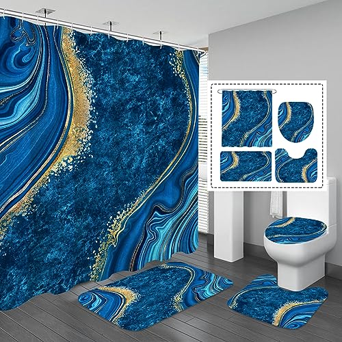 Gibelle 4 Pcs Luxury Marble Shower Curtain Set with Non-Slip Rugs, Toilet Lid Cover and Bath Mat, Gold Foil Blue Bathroom Decor Set with Shower Curtain and Rugs and Accessories - color: Blue