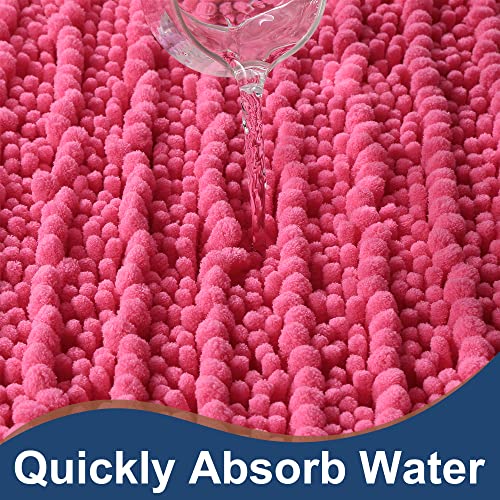 FLOLEOPA Luxury Chenille Hot Pink Bathroom Rugs Bath Mats Sets, Extra Soft and Absorbent Bathroom Rugs Non Skid Machine Wash Dry Bath Mats（47"x17" Plus 17"x24"） - color: Hot Pink, size: 47"x17" Plus 17"x24"