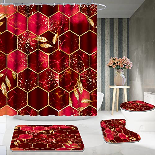 Poedist 4 Pcs Bathroom Shower Curtain Set,Red Honeycomb Marble Bathroom Sets with Rugs(Bath Mat,U Shape and Toilet Lid Cover Mat) and 12 Durable Hooks - color: Red