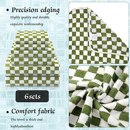 Kinlop 6 Pcs Checkered Bath Towels Set Back to School Lightweight Coral Washcloth Quick Dry Patterned Thin Coral Fleece Hand Towel for Bathroom Gym Spa Beach Accessory(Green,Checkered) - color: Green, style: Checkered