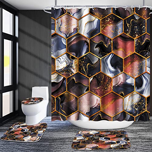 Poedist 4 Pcs Bathroom Shower Curtain Set,Purple Honeycomb Marble Bathroom Sets with Rugs(Bath Mat,U Shape and Toilet Lid Cover Mat) and 12 Durable Hooks - color: Brown
