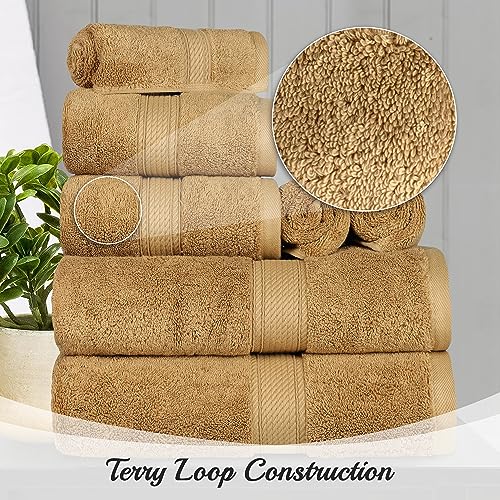 BLUENILEMILLS BNM Madeline Egyptian Cotton Heavyweight Towels, Ideal for Shower, Spa, Hotel, 800 GSM, Face/Washcloths, Hand Towels, Bath Towels, Highly-Absorbent, Luxury, 9 Piece Towel Set, Toast - color: Toast, size: 9-Piece Towel Set