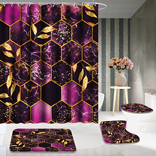 Poedist 4 Pcs Bathroom Shower Curtain Set,Purple Honeycomb Marble Bathroom Sets with Rugs(Bath Mat,U Shape and Toilet Lid Cover Mat) and 12 Durable Hooks - color: Purple