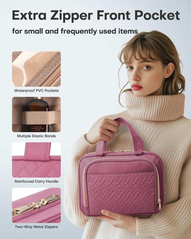 HOTOR Hanging Travel Toiletry Bag Women Men, Rosewood-Pink, Medium | Waterproof Makeup Bag Hanging Hook,Multiple Pockets,Travel Essentials,11.2 x 3.2 x 8.9inches - color: Rosewood-Pink, size: Medium