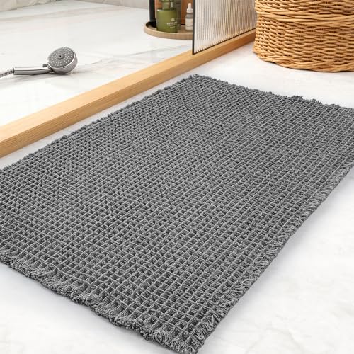 tchdio Waffle Bath Mat Rug, Super Absorbent Non Slip Bath Mats for Bathroom Mat Ultra Soft Bathmat Machine Washable Bathroom Rugs with Tassels, Bath Rugs Beside Tub, 17" x 24" - color: Dark Grey, size: 17" x 24"
