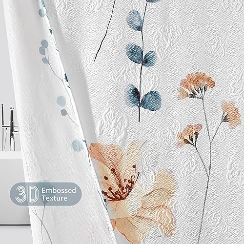 QiyI Watercolor Floral Shower Curtain, 3D Embossed Butterflies Blue Beige Flower Bathroom Curtain, Minimalist White Cloth Bath Curtain, Waterproof Fabric Textured Shower Curtain Set with Hooks, 72x72 - color: Beige, size: 72"W x 72"L (Pack of 1)