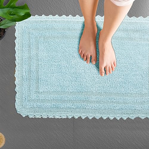 TreeWool 2-Pack Gorjeeus Collection Soft Reversible Bathroom Rug Cotton Bath Mat Set with Crochet Border - Rectangle (19" x 26"; Sky Blue) - color: Sky Blue