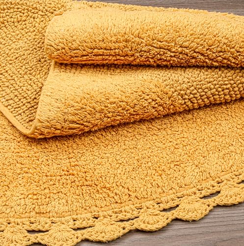 Half Circle Bohemian Bathroom Rug with Handwoven Chrochet Border, Beautifully Handcrafted 100% Cotton Mat - 22x42", Round Boho Bedroom Rug, Boho Bathroom Décor, Machine Washable - Honey Mustard - color: Mustard, size: 1'10" x 3'6" (Semicircular)
