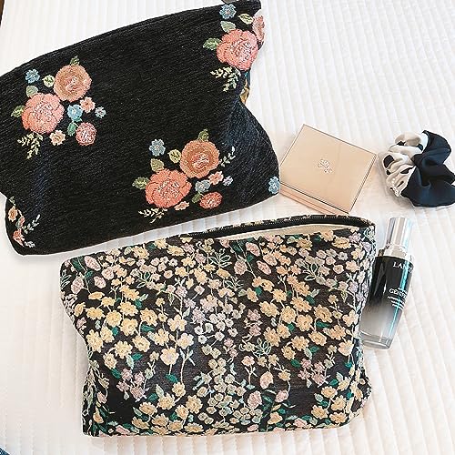 HAPPYHEIDI Women Aesthetic Makeup Bag With Compartment Accessory Zipper Pouch for Cosmetics Travel, Purse Organizer, Embroidery Lucky Flowers Black - color: 001 Black Teabreak Little Flowers Embroidery