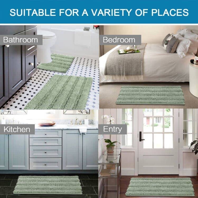 H.VERSAILTEX 3 Piece Bathroom Rugs Sets Thick Striped Bath Rugs Set for Bathroom Non Slip Soft Absorbent Bath Mat Set for Tub, Shower and Toilet(17''x24''+20''x32''+20''x24'' U-Shaped, Sage) - color: Sage