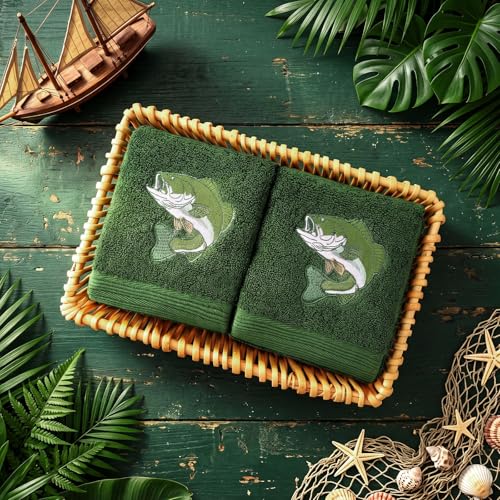 SmoothNovelty 2 Pcs Fishing Hand Towels Olive Green Bathroom Decor 14x29 Inch Embroidered 100% Cotton Soft Absorbent Spring Summer Decorative Hand Towels for Bathroom Kitchen - style: Fishing Hunting