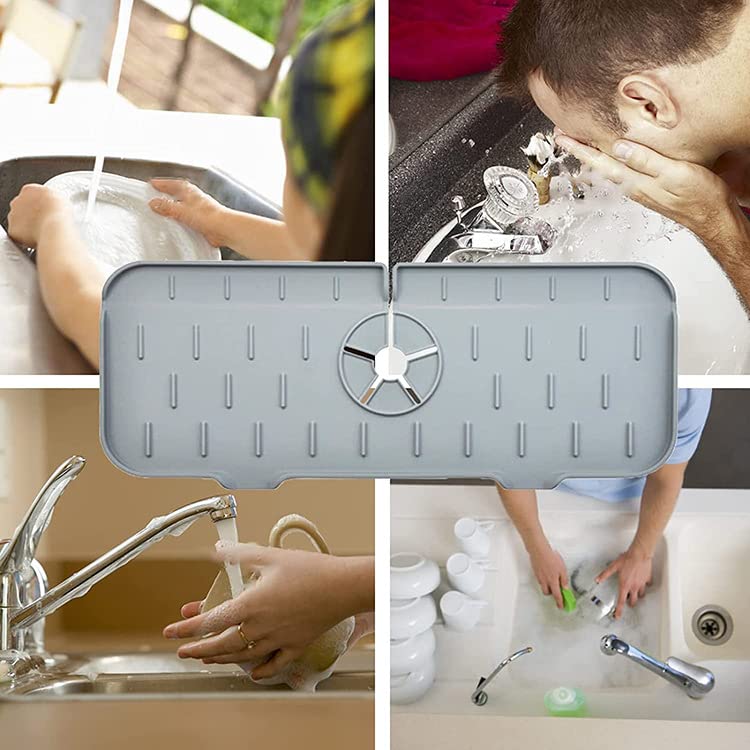 2Pcs Silicone Kitchen Sink Splash Guard Faucet Handle Drip Catcher Tray Mat For Kitchen Counter Bathroom Kitchen (Grey) - color: Grey