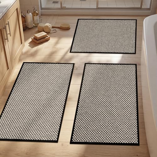 YIHOUSE Thin Bath Mat Black Bathroom Rugs Sets 3 Pieces, Non Slip Absorbent Bath Mats Quick Dry, Woven Braided Rugs Washable,Tapetes para Baño for Bathroom,Bathtub(17"x24"+17"x32"+17"x32") - color: Black, size: 3Pieces(17"x24"+17"x32"+17"x32")