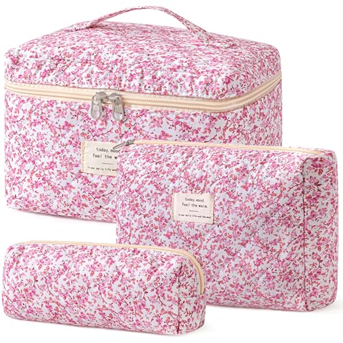 HBselect Quilted Makeup Bag, 3PCS Cotton Large Travel Makeup Bag, Cute Floral Coquette Make up Bag Cosmetic Bag Toiletry Bag for Women Girls - color: A-3PCS-Floral 20