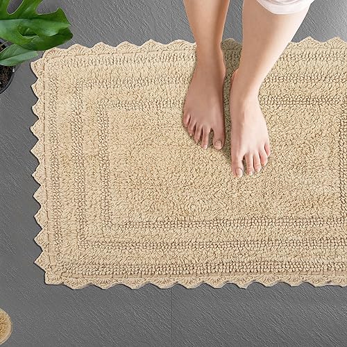 TreeWool 2-Pack Gorjeeus Collection Soft Reversible Bathroom Rug Cotton Bath Mat Set with Crochet Border - Rectangle (19" x 26"; Beige) - color: Beige